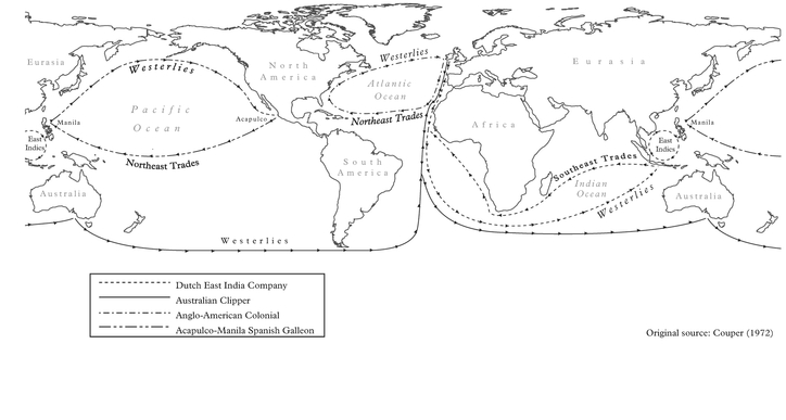 Figure 1: World wind systems (January) and ocean routes of European sailing vessels